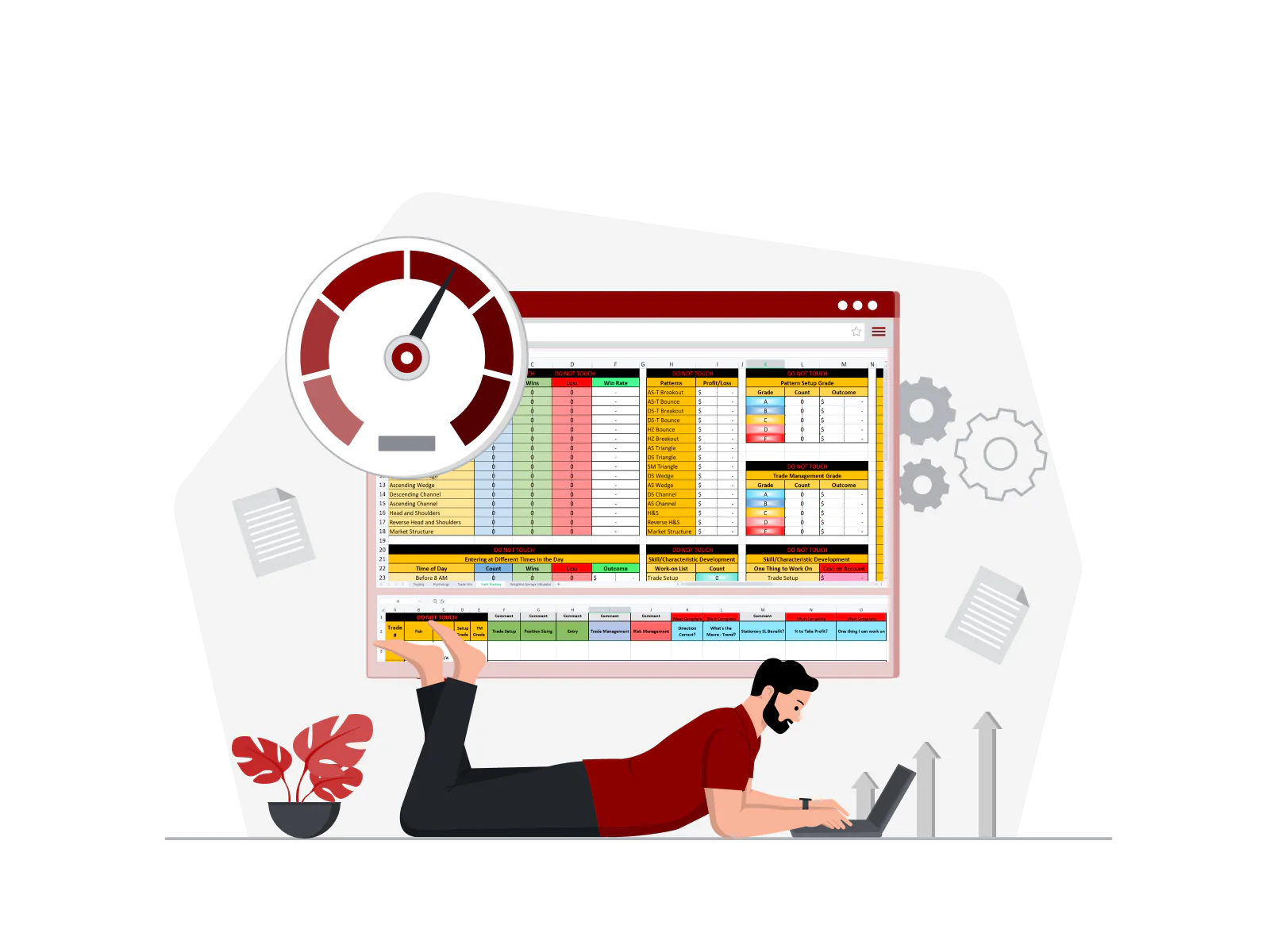 Man laying down on computer, with the PCC trade tracking spreadsheet in the background.